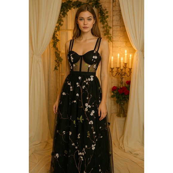 Blithe L.A. Corset Maxi Dress Medium Black Floral Embroidered Gown Mesh  Formal